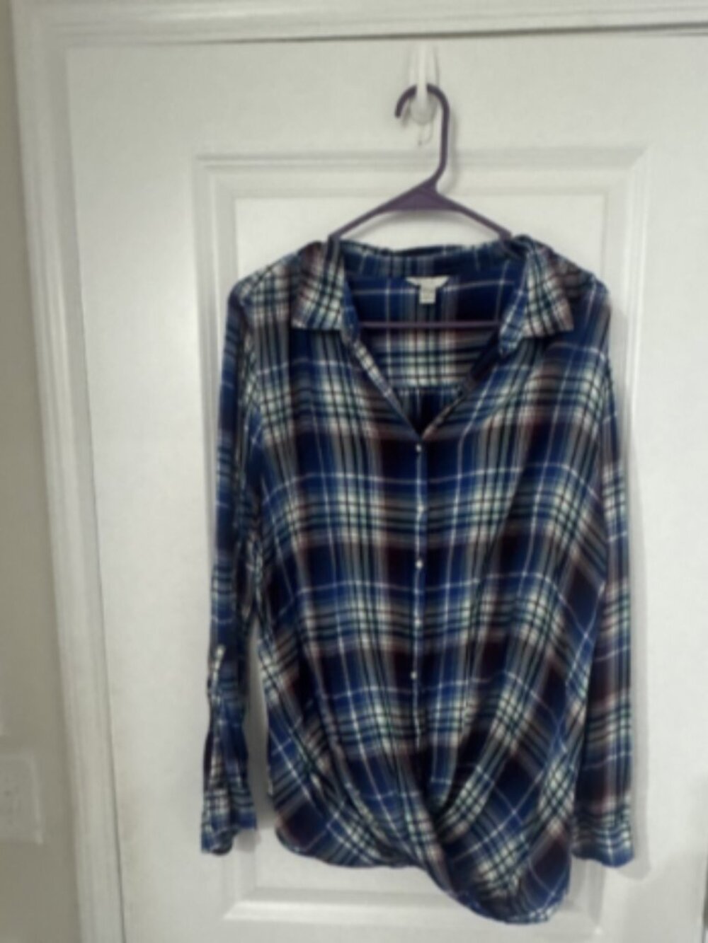 Catherines Plaid Twist-Front Button Down